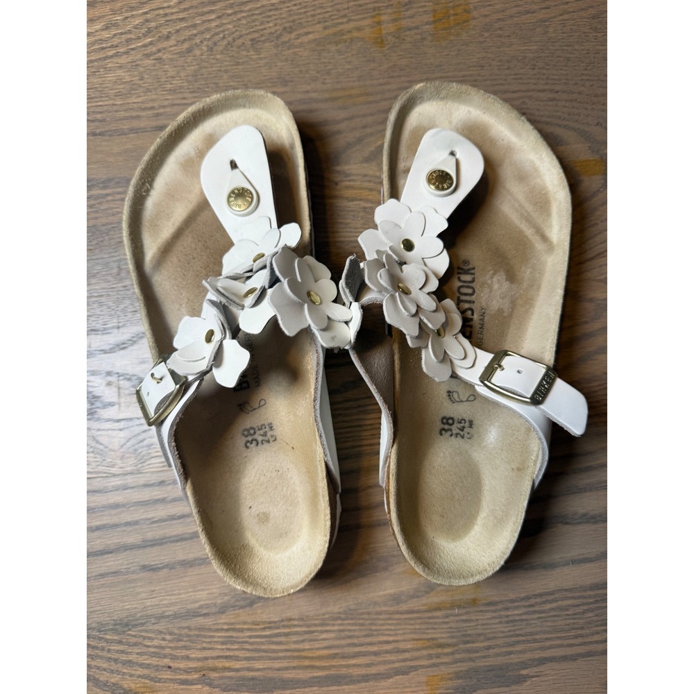 Birkenstock Gizeh Flower White Leather Floral Thong Sandals 38 L7 M5